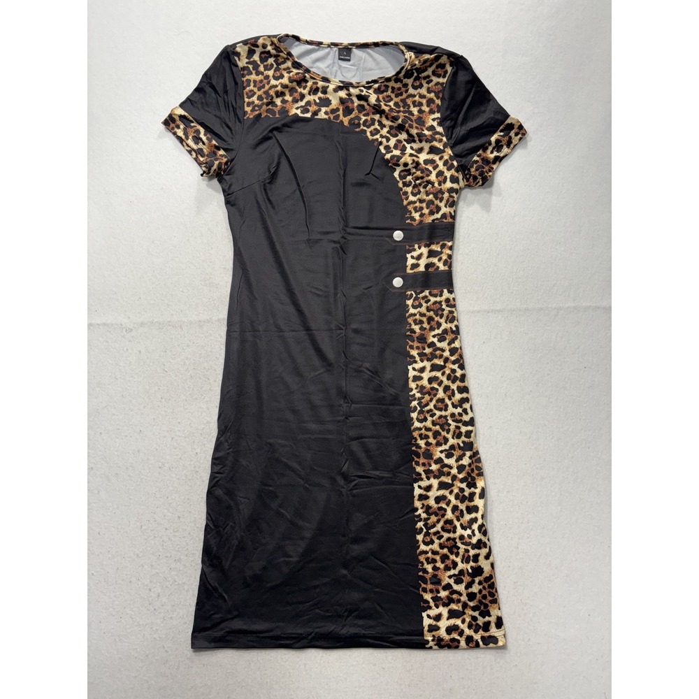 SheIn Dress Womens Large Black Leopard Print Crew Neck Bodycon Knee Length L